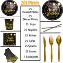 Disposable Party Dinnerware Set &Disposable Birthday Party Dinnerware Paper Plates Napkins Cups, Gold Plastic Forks Knives Spoons (Black/Gold)