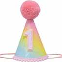 First Birthday Hat with Pink Pom Topper - Glitter Colorful Hat, 1st Birthday Cake Smash Photo Prop, Pink Girl Decoration