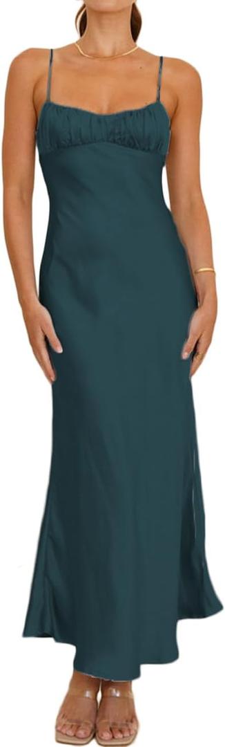 Satin Spaghetti Strap Backless Ruched Twist Cocktail Dresses for Women Silk Open Back Cut Out Midi Dress Wedding Guest (Blue, XS)