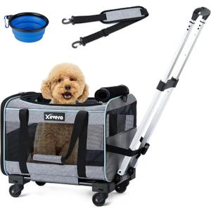 Cat Dog Carrier with Wheels Rolling Pet Carrier with Telescopic Handle, Shoulder Strap and Pet Bowl, Grey