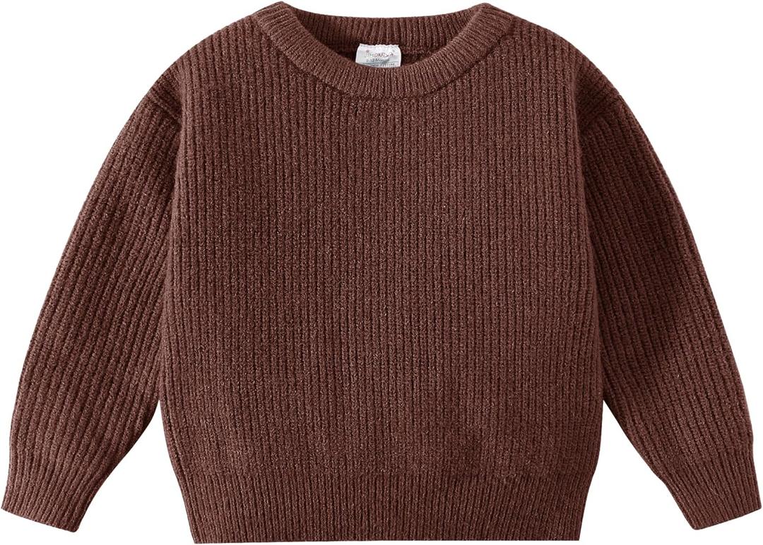 Jimonda Toddler Knit Sweater Round Neck Cute Long Sleeve Pullover Sweatshirt for Baby Girl Boy Oversized Fall Winter Clothes (3-4T, Brown)