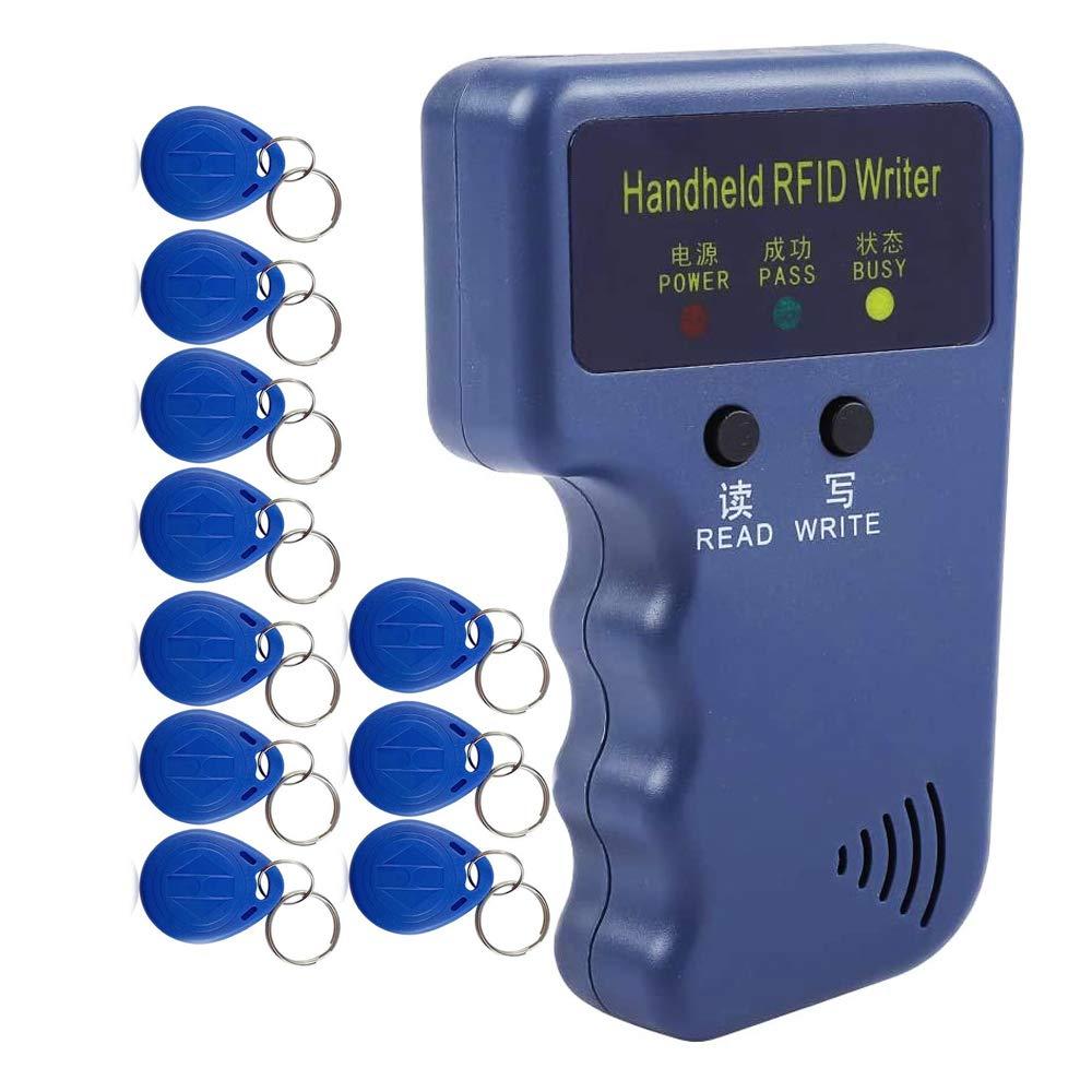 HERNAS 125KHz RFID Copier, Upgraded Handheld RFID Reader Writer Duplicator Decoder, with 10pcs Rewritable EM4305/T5577 Keychains Cards, Only for 125KHz Access Control Cards