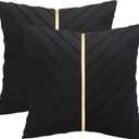 Tosleo Black Velvet Throw Pillow Covers 24x24 inch Pack of 2 with Gold Leather Decorative Couch Pillow Cover Luxury Modern Pillowcases for Living Room Bedroom Sofa Cushion Bed