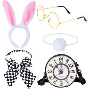 Keymall Easter Wonderland White Rabbit Accessory Kit 5Pcs Bunny Ear Tail Bowtie Round Glasses Bag Props For Easter Halloween