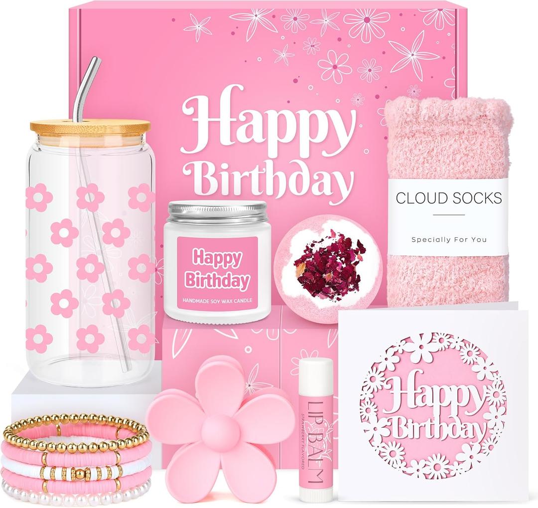 Birthday Gifts for Teen Girls, Women, Teenage Girl Birthday Gift Sets for Teen Girls Tween Gifts for Teenage Girl Cute Daisy Aesthetic Glass Cup Gift Basket for Teens, Sister, Women, Her, Friend (Pink)
