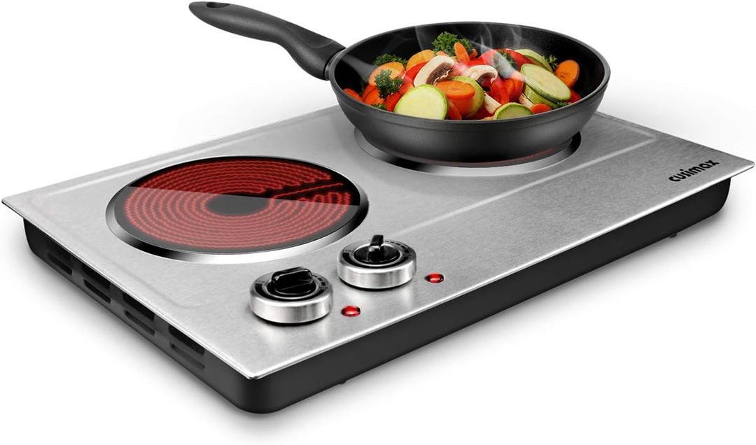 CUSIMAX 1800W Ceramic Electric Hot Plate for Cooking, Dual Control Infrared Cooktop, Double Burner, Portable Countertop Burner, Glass Plate Electric Cooktop, Silver, Stainless Steel-Upgraded Version (Silver Double Burner)