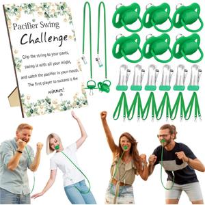 Geelin 6 Sets Swing Pacifier Shower Game Funny Gender Reveal Games, Include 1 Wooden Sign, 6 Pacifiers, 6 Clips, 6 Lanyards for Bridal Shower Gender Reveal Party Favor Women Men(Green Eucalyptus)