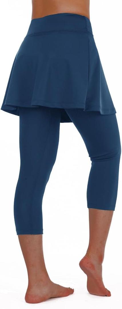 ANIVIVO Women Tennis Skirted Leggings with Pockets, Capris Yoga Leggings with Skirts & Tennis Pickleball Clothing (Large, Navy Blue Capri)