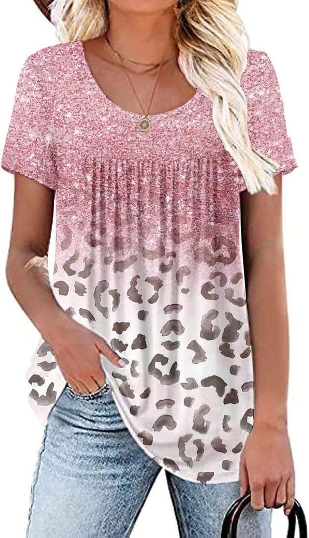 Women's Summer Short Sleeve Tunic Plus size ladies shirts Floral Blouse Loose Flowy Tops for Leggings M-4XL (3X-Large, A 01-pink Leopard)