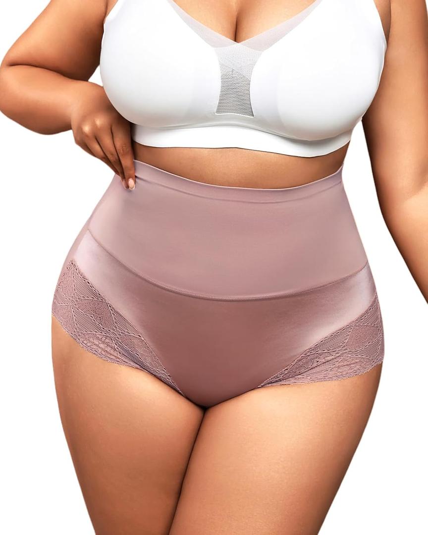High Waisted Shapewear Panties for Women Plus Size Seamless Lace Briefs Tummy Control Underwear No Show Under Dresses Daily Wear Purple Red Brown 3XL (XXXL)