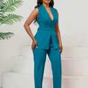 Kafiloe Pant Suits for Women Dressy Belted Sleeveless Vest Blazer Sets 2 Piece Business Casual Outfit (Blue, XL)