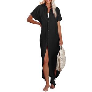 Dokotoo Womens Casual Short Sleeve Side Split Button Down Long Kimonos Cardigans Swimsuit Cover Ups Summer Beach Dress (Black, XL)