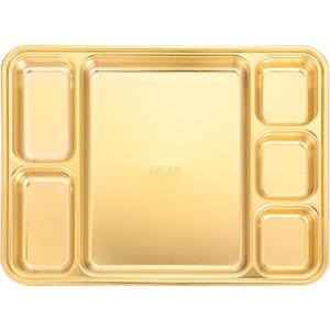 Cabilock Stainless Steel Divided Plates Dish, 6 Section Food Serving Platter, Household Rectangular Veggie Fruit Tray for Breakfast Dinner Snack Dessert, Golden