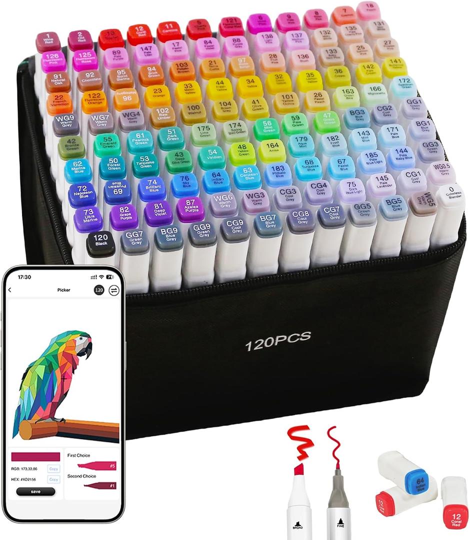 120 Alcohol Markers with APP Dual Tip Art Markers Coloring Pens
Fine & Chisel Tip Alcohol Based Markers Set with Case for Adult Artist Illustration Sketching & Painting, Smooth & Quick-Dry