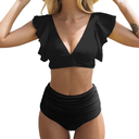 SPORLIKE Women Ruffle High Waist Swimsuit Two Pieces Push Up Black Bikini M