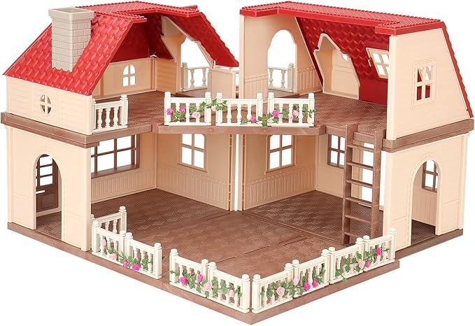 Family Cozy Cabin Doll House Playset, Dollhouse Furniture and Accessories,DIY Cottage Pretend Play Dollhouses, for Toddlers, Boys & Girls