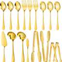 Mwellewm 17Pcs Serving Utensils, Gold Stainless Steel Large Serving Spoons, Slotted Spoon, Fork, Tongs, Cake Pie Server, Soup Spoon, Metal Buffet Banquet Cutlery Set for Parties Entertaining Catering