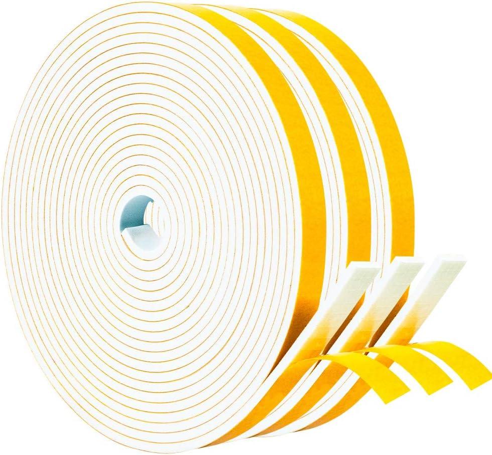 Yotache Weather Stripping Door Seal Strip White 3/8" x1/8", 50Ft Total, Foam Insulation Tape Gasket for Door Frame and Windows, 3 Rolls x 16.5Ft