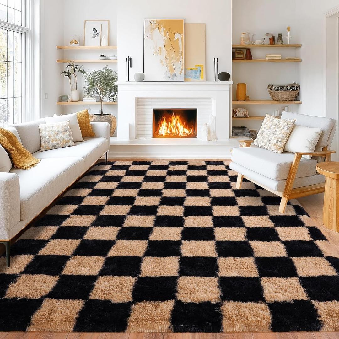 8x10 Area Rugs for Living Room, Fluffy Plush Checkered Rug for Bedroom, Modern Shag Non Slip Soft Furry Large Carpet for Kids Room Nursery Home Decor, Black and Beige