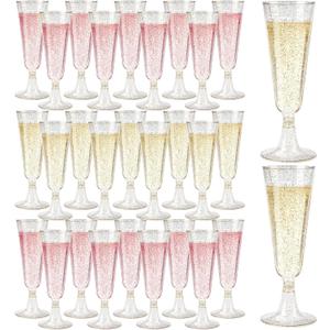 GuanQiao 100 Pack Plastic Champagne Flutes, 5.5 OZ Disposable Plastic Champagne Glasses with Gold Glitter, Wine Glasses Cups for Wedding Celebration Party Wine Tasting New Year's Eve Supplies