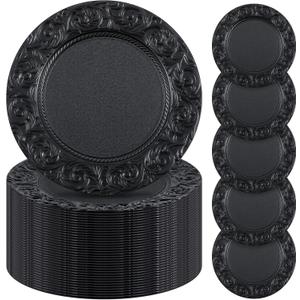 Zhehao 50 Pcs Antique Charger Plates Bulk 13 Inch Embossed Rim Plastic Decorative Round for Dinner Wedding Party Event Table Setting Decoration(Black)