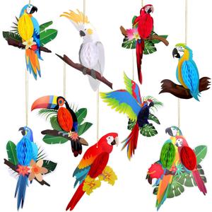 Spakon 9 Pieces Tropical Birds Honeycomb Paper Cutouts Rio Luau Party Hanging Decorations Rainforest Hanging Paper Birds Hawaiian Parrot Honeycomb Cutouts for Luau Party Decor