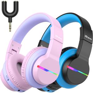 iClever BTH12 Kids Bluetooth Headphones 2 Pack, Colorful LED Lights,74/85dBA Safe Volume,85H Playtime, Bluetooth 5.2,Over Ear Kids Headphones Built-in Mic for iPad/Tablet/Airplane, Pink & Black