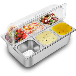 Countertop Food Display Container Ice Food Serving Tray 6 Pans Buffet Condiment Dispenser - Salad Dressing Appetizer Spice Fruit Cold Serving Station