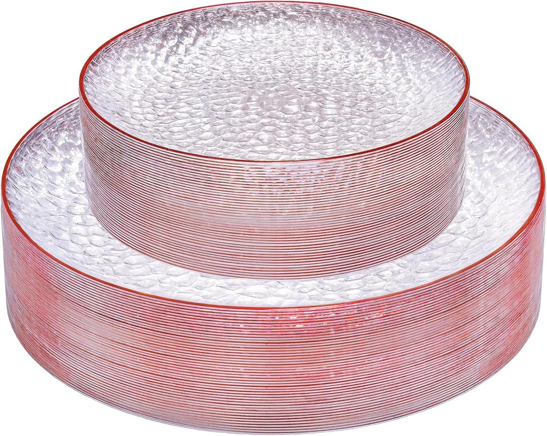 Rubtlamp 60Pcs Red Plastic Plates, Clear Plastic Plates With Red Rim, Heavy Duty Disposable Plates for Party, Fancy Hammered Plates Include 30 Red Dinner Plates 30 Clear Cake Plates