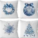 IWXYI Blue Chinoiserie Christmas Pillow Covers 18x18, Grandmillennial Christmas Decor, Winter Xmas Tree Wreath Ball Snowflake Decorative Throw Pillow Covers for Bedroom Living Room Home, Set of 4