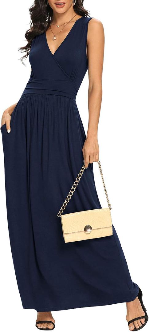 LILBETTER Women Sleeveless Deep V Neck Loose Plain Long Maxi Casual Dress (S)