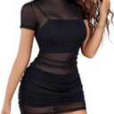 Avidlove Women's Mesh Dress Bodycon Mini Lingerie Dress Sexy Short Sleeve Mock Neck Ruched Party Clubwear Outfits S-XXL (Medium, Black)