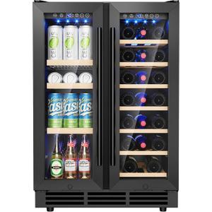 Wine and Beverage Refrigerator, 24 Inch Beverage Refrigerator with Glass Door, Wine Fridge Holds 20 Bottles & 60 Cans, Under Counter Refrigerator with Quiet Cooling System & LED Light