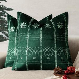 Foindtower Pack of 2 Decorative Velvet Christmas Pattern Throw Pillow Covers Holiday Print Cushion Cover with Snowflake Accent Pillowcase for Couch Sofa Living Room Home Decor,2020 Inch,Dark Green