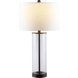JONATHAN Y 29" Oil Rubbed Bronze/Clear Modern Glass Table Lamp for Living Room Bedroom, Minimalist Nightstand Bedside Lamp, White Linen Drum Shade, LED Bulb Included (JYL2005B)