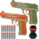 2 Pack Blaster Toy Guns for Boys Fit for Nerf Guns Darts, Small Toys Pistol for Boys Birthday Gifts, for Kids Toddlers Age 6-8 8-12 Year Olds - 16 Refill Foam Darts 2 Wristbands (Green Orange)