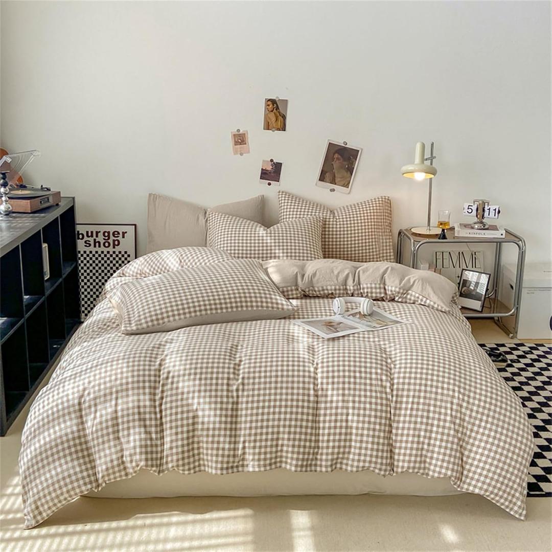 Nayoroom Gingham Duvet Cover Queen Size Brown Tan Plaid Checkered Comforter Cover Grid Farmhouse Bedding Set 3 Pcs Soft Breathable Washed Microfiber Gifts for Women Men