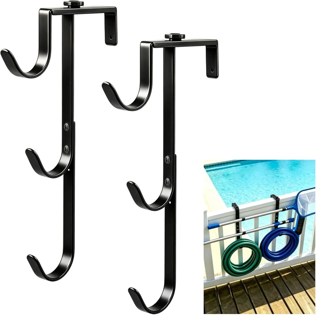 2 Pack Upgraded 3-Tier Pool Fence Hooks for Pool Equipment, Adjustable Heavy Duty Pool Pole Hanger Holder, Rustproof Hooks for Pool Skimmer Pole Vacuum Hose Net Leaf Rakes Garden Tool Organizer