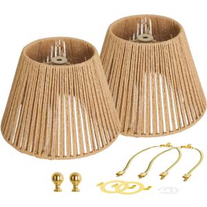 Rattan Lamp Shades Set of 2, Floor Lamps with Lamp Harps Lamp Shade Holder, Fabric Drum Shade with PVC Lining, Spider Fitter for Table Lamps,Floor Lamps, 5.5x8.7x6.6 Inch