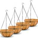 14 inch Metal Hanging Baskets For Plants Outdoor 4 Pack Round Metal Wire Hanging Basket Planter with Coco Fiber Liners Chain Round Wire Plant Holder for Garden, Patio, Deck, Porch Plants Flower Potss