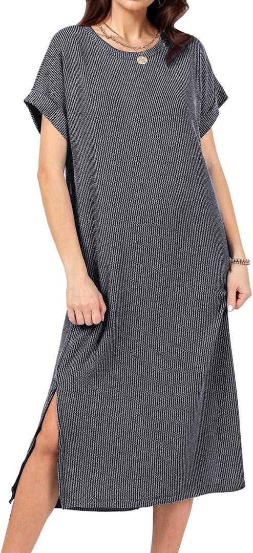 Womens Casual T Shirt Dress Summer Fall Crewneck Loose Fit Side Split Knee Length Dress Ribbed Pattern with Pockets (Gray, S)