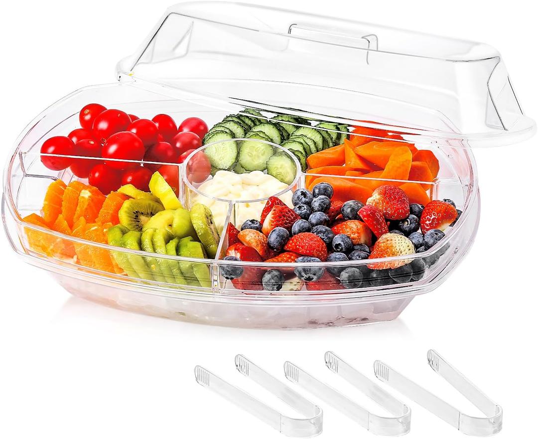Fruit Ice Serving Tray, Chilled Veggie Tray, Shrimp Cocktail Serving Dish, Appetizer Serving Platter for Parties, with Lid and 4 Compartments