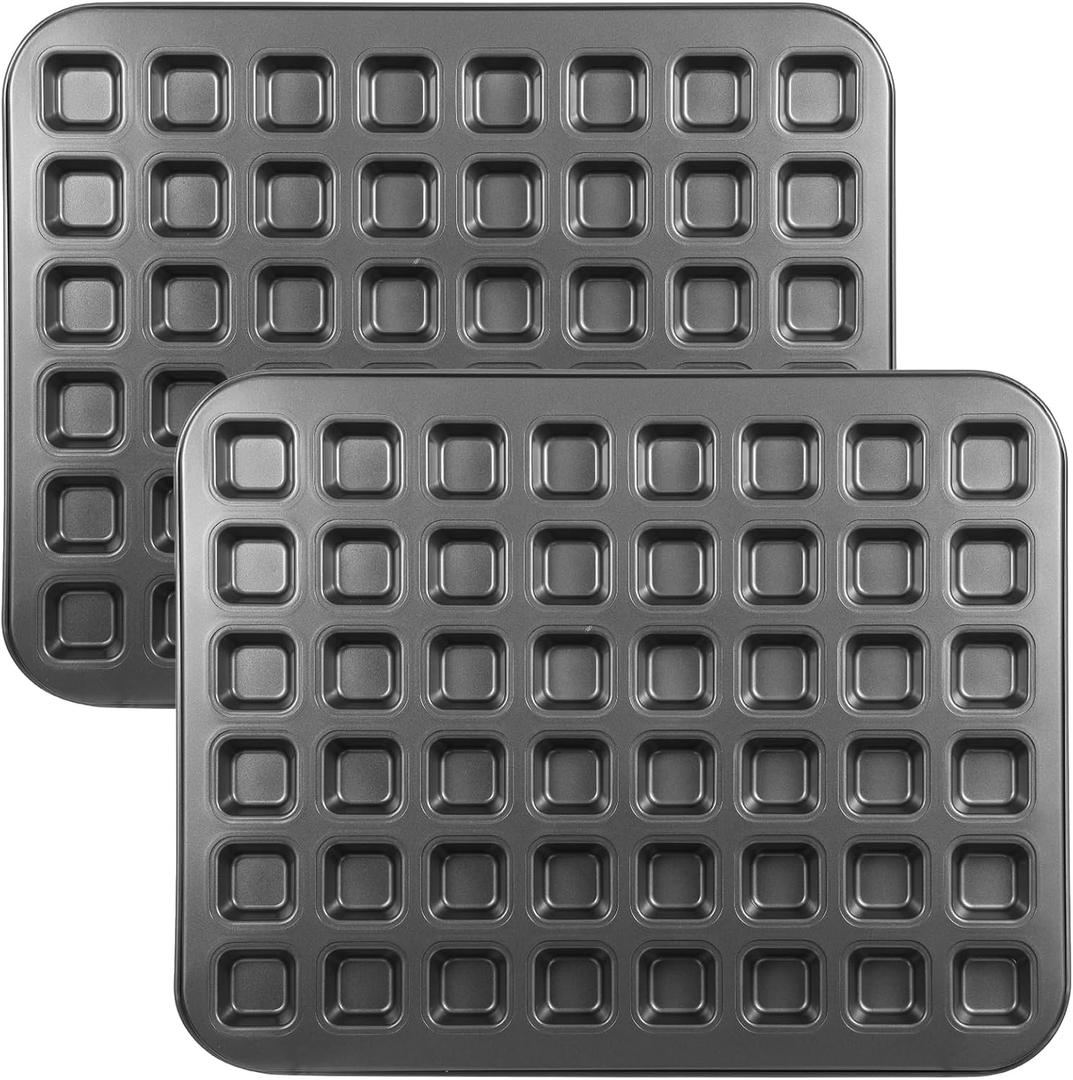 2 Pcs 48-cavity Mini Brownie Bites Baking Pan Mini Square Cake Pans Square Small Muffin Tin Nonstick with Dividers Heavy Duty Carbon Steel Cupcake Tool for Cheesecake Cake Party Supplies