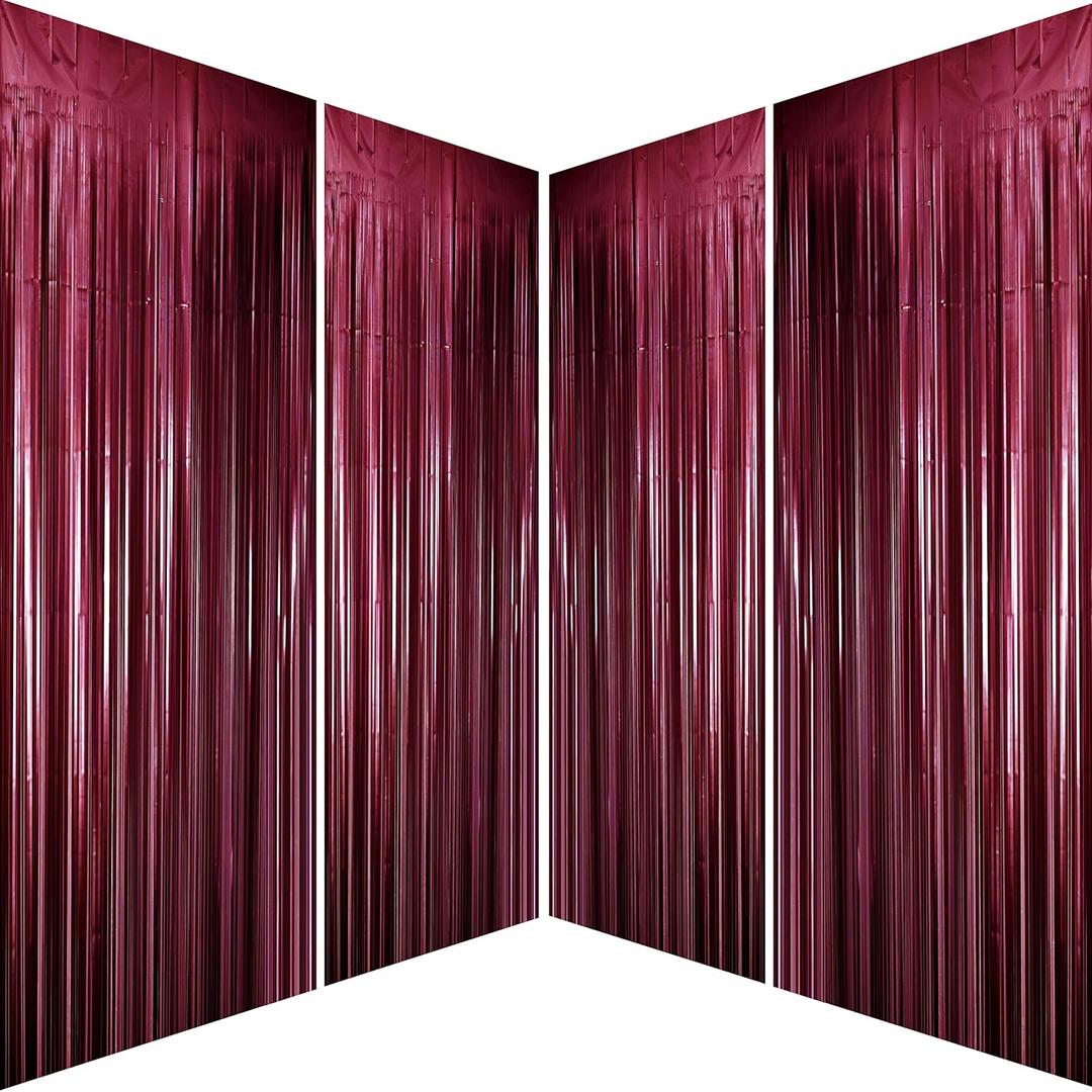 Burgundy Bachelorette Party Tinsel Foil Fringe Curtains for Wedding Anniversary Bridal Shower Happy Birthday Valentines Mothers Day Graduation Party Photo Booth Props Backdrops Decorations, 4pc (1x2m)