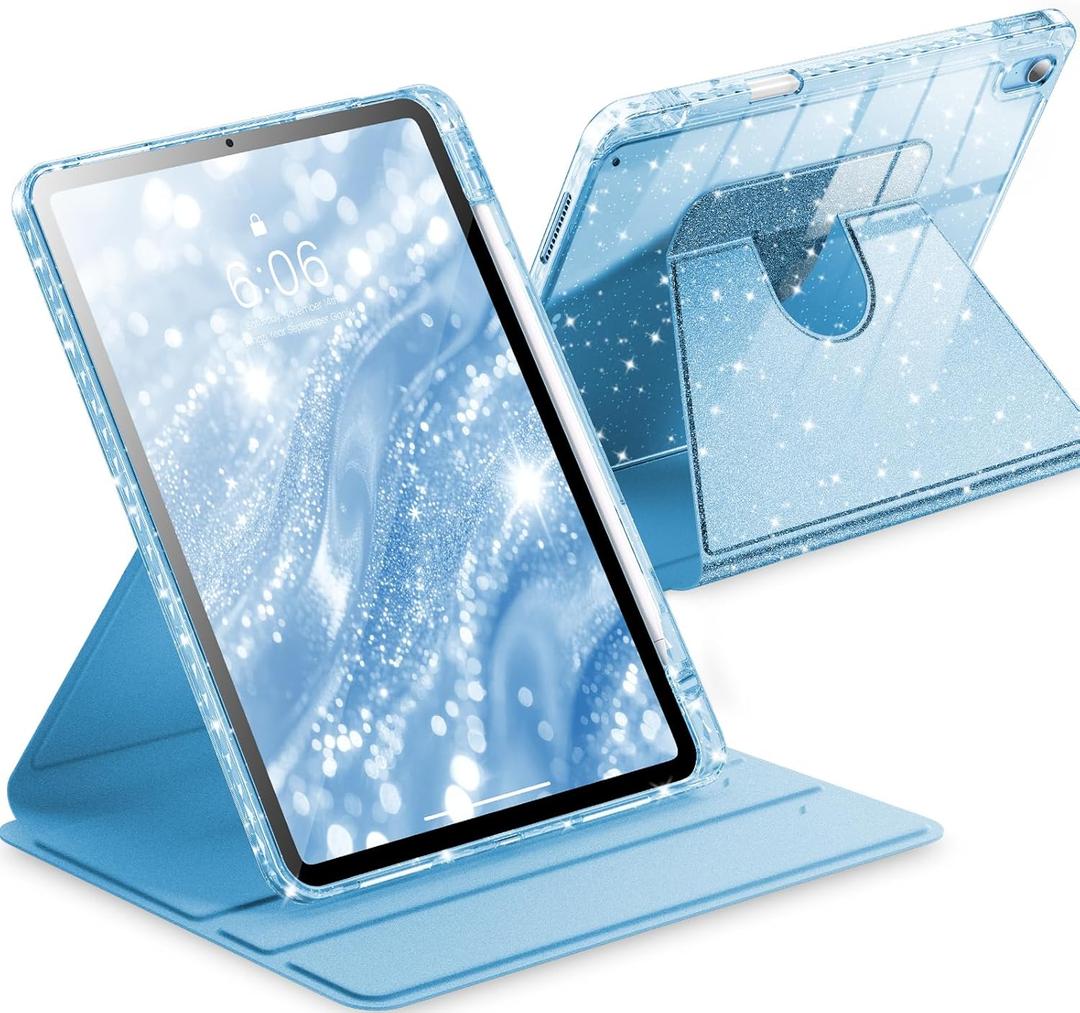 INFILAND Rotating Case for iPad Air 11 Inch M3 2025 / M2 2024, iPad Air 5th Generation/4th Generation 2022/2020 10.9 Inch 360 Cute Glitter Cover with Clear Back, Pencil Holder (Blue)
