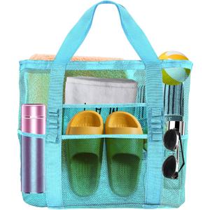 Large Mesh Beach Bag - Lightweight & Foldable Family Beach Bag with 9 Pockets for Toys, Towels & Vacation Essentials (Blue)