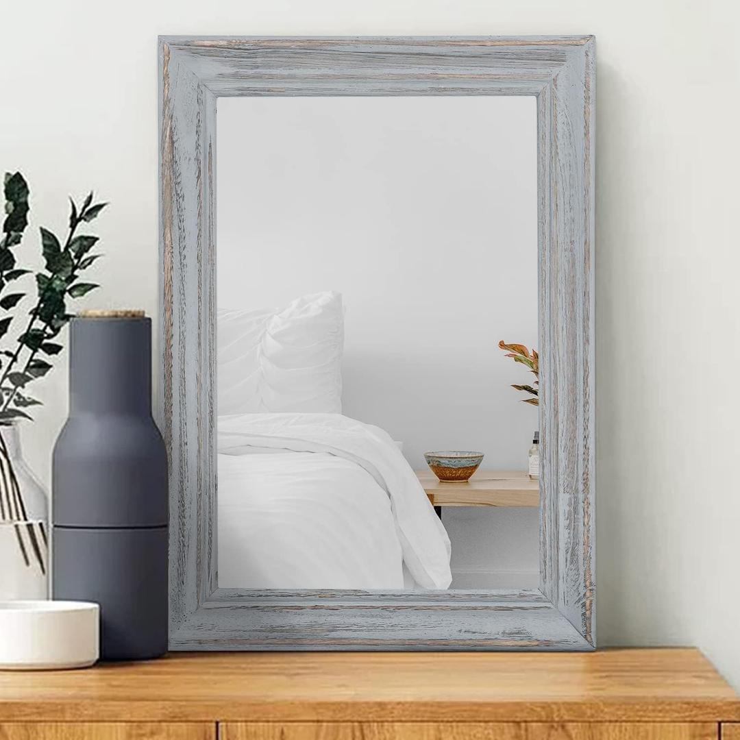 Wooden Mirror with Framed Rectangular Retro Wall Mirrors Decorative for Bathroom Bedroom Living Room Hallway Entryway Home Decor Grey (16"L x 12"W)