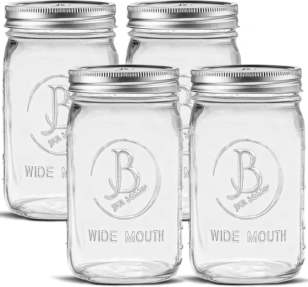 Wide Mouth Mason Jars 32 oz - (4 Pack) - Clear Glass Quart Mason Jars With Airtight Lids and Bands. For Storage, Canning, Fermenting, Meal Prep, Cold Brew Coffee, Freezing, Microwave & Dishwasher Safe