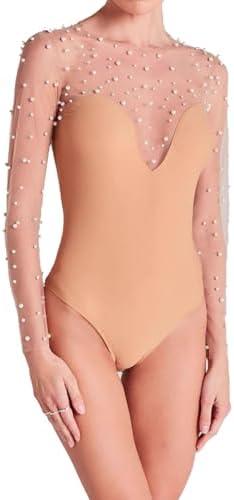 Clispiy Mesh Pearl Top Sheer Bodysuit For Women Pearl Long Sleeve Bodysuit With Snap Crotch L