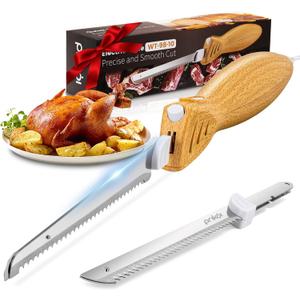Electric Knife - Carving Knife Set, Easy-Slice Serrated Edge Blades for Meat, Bread, Turkey, Ribs, Fillet, DIY, Ergonomic Handle + 2 Blades for Raw & Cooked Food New Upgrade(Faux Wood) (Classic)